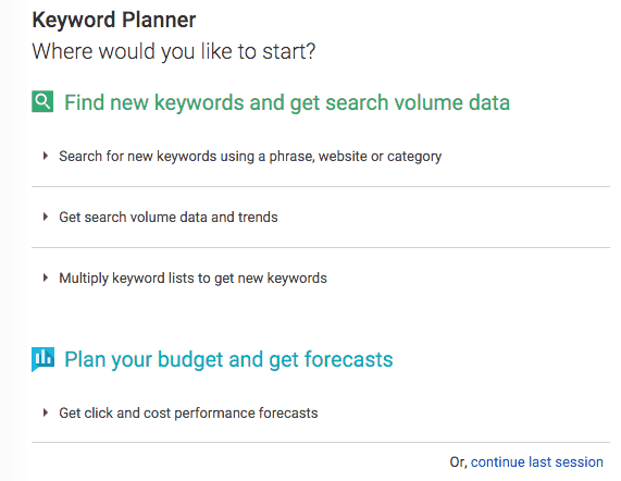 Google Keyword Planner starting point