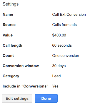 AdWords call extension settings