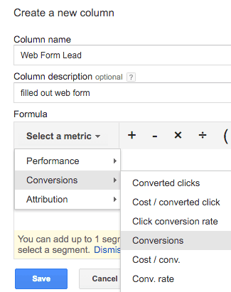 selecting conversion metric for custom columns