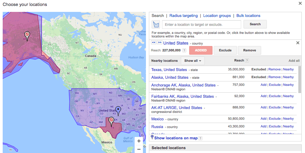 adwords country targeting with state exclusions