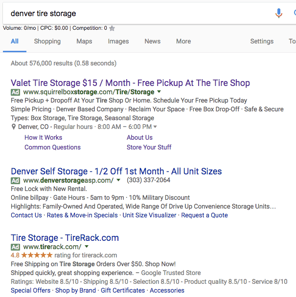 denver tire storage google search and top 3 adwords ads