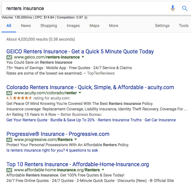 renters insurance search google adwords