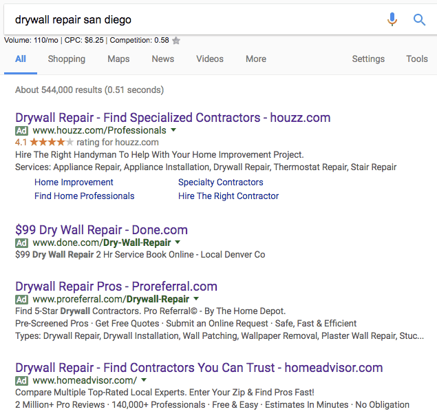 top 4 adwords ads for drywall repair san diego search