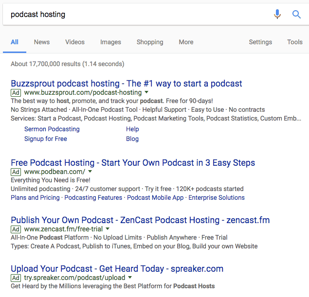 podcast hosting search and top 4 ads
