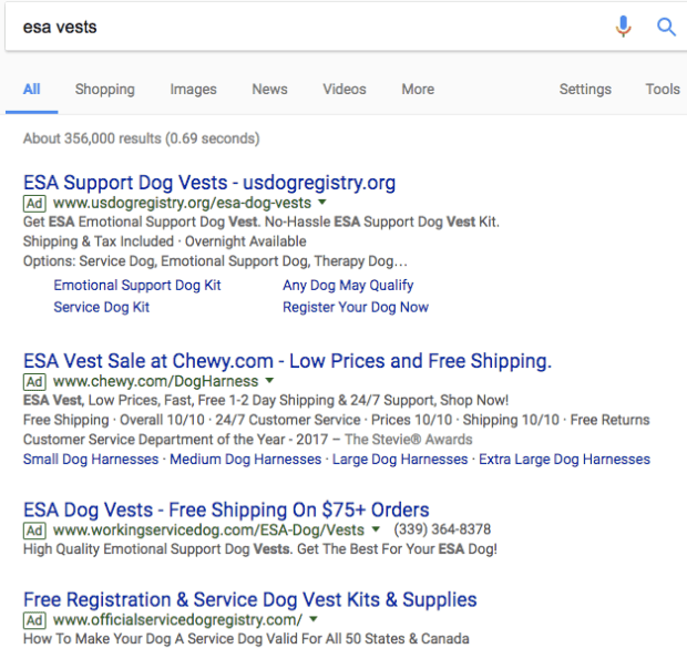 esa vests search and top adwords ads