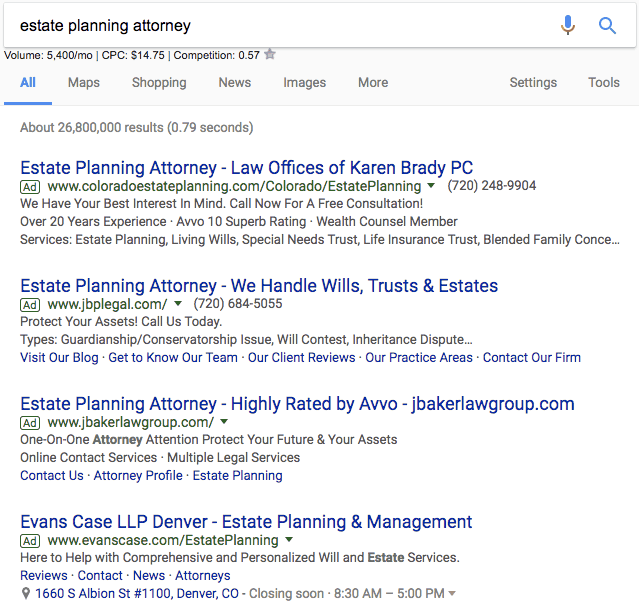 estate planning attorney adwords ads